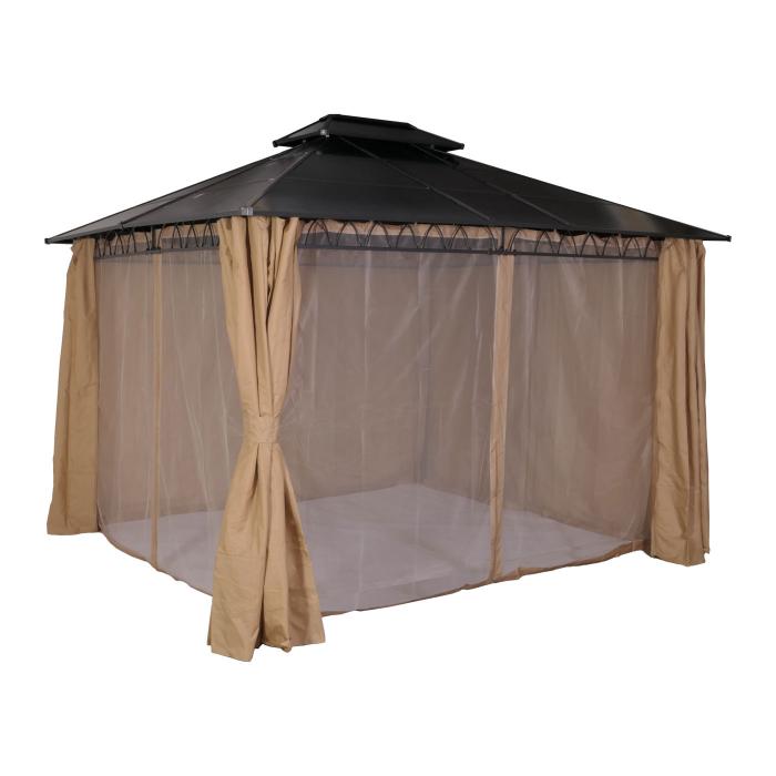 Hardtop Pergola HWC-M81, Pavillon, Aluminium Dachstreben 7cm-Stahlgestell mit Seitenwand und Moskitonetz 3,6x3m ~ creme