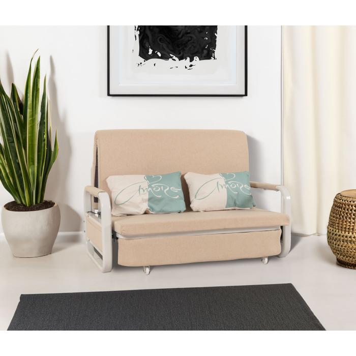 Schlafsofa HWC-M83, Schlafcouch Couch Sofa, Schlaffunktion Bettkasten Liegeflche, 130x185cm ~ Stoff/Textil beige