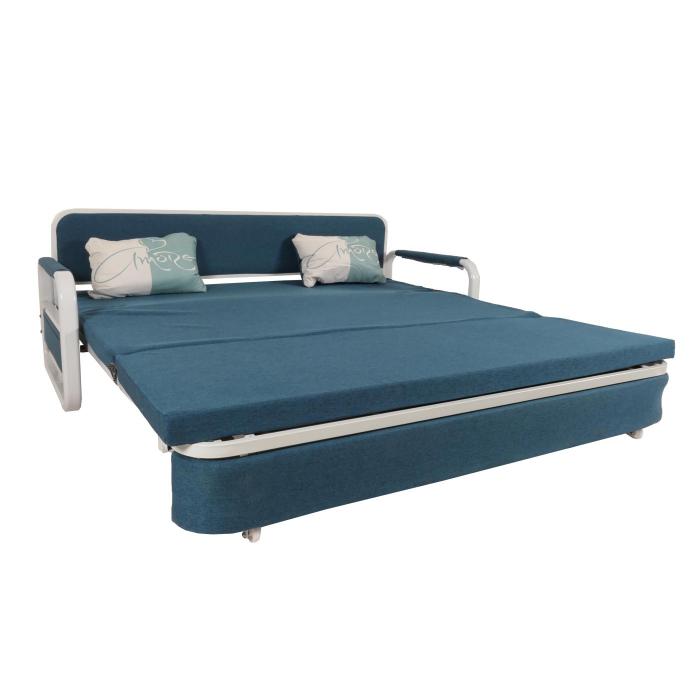 Schlafsofa HWC-M83, Schlafcouch Couch Sofa, Schlaffunktion Bettkasten Liegeflche, 190x185cm ~ Stoff/Textil dunkelblau