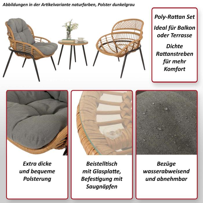 Poly-Rattan Garnitur HWC-N33, Balkon-Set Gartengarnitur Sitzgruppe Stuhl Beistelltisch ~ naturfarben, Polster dunkelgrau