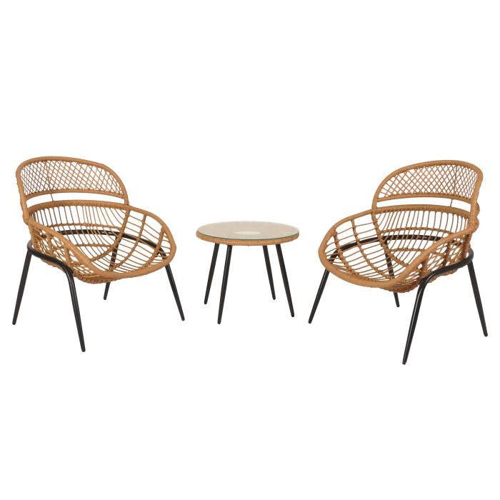 Poly-Rattan Garnitur HWC-N33, Balkon-Set Gartengarnitur Sitzgruppe Stuhl Beistelltisch ~ naturfarben, Polster dunkelgrau