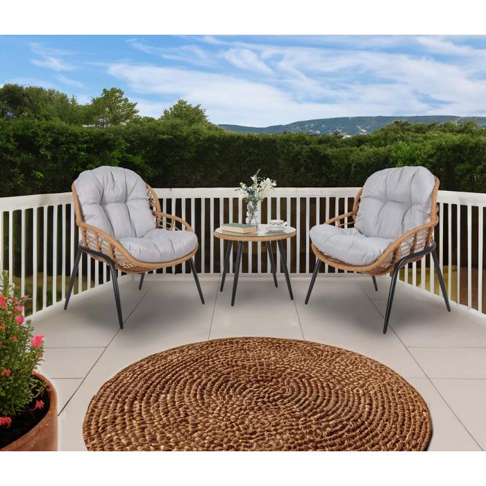 Poly-Rattan Garnitur HWC-N33, Balkon-Set Gartengarnitur Sitzgruppe Stuhl Beistelltisch ~ naturfarben, Polster hellgrau