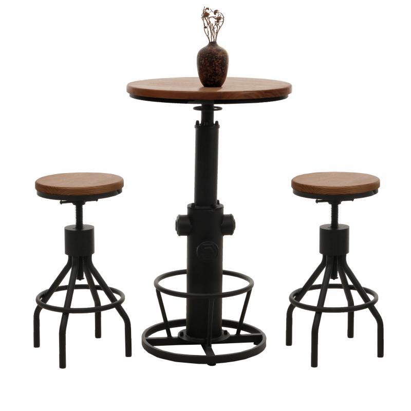 Set Bartisch + 2x Barhocker HWC-N17, Barstuhl Stehtisch hhenverstellbar drehbar Fuablage Industrial Holz ~ braun