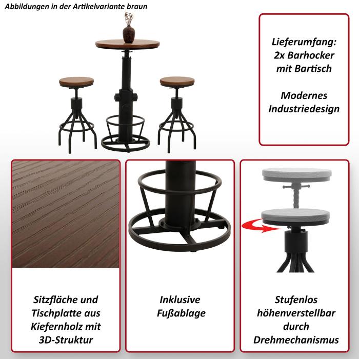 Set Bartisch + 2x Barhocker HWC-N17, Barstuhl Stehtisch hhenverstellbar drehbar Fuablage Industrial Holz ~ braun