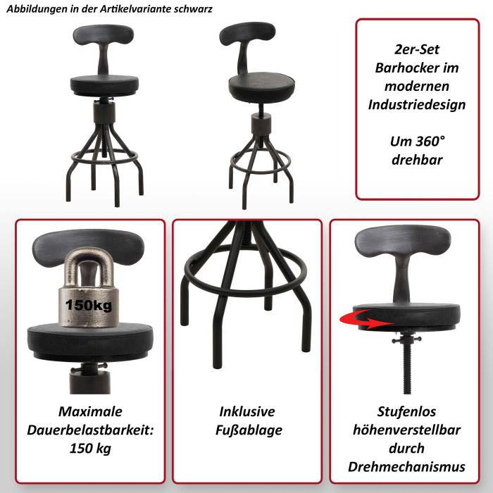 2er-Set Barhocker HWC-N22, Barstuhl, hhenverstellbar drehbar Fuablage, Industrial Stahl Kunstleder ~ schwarz