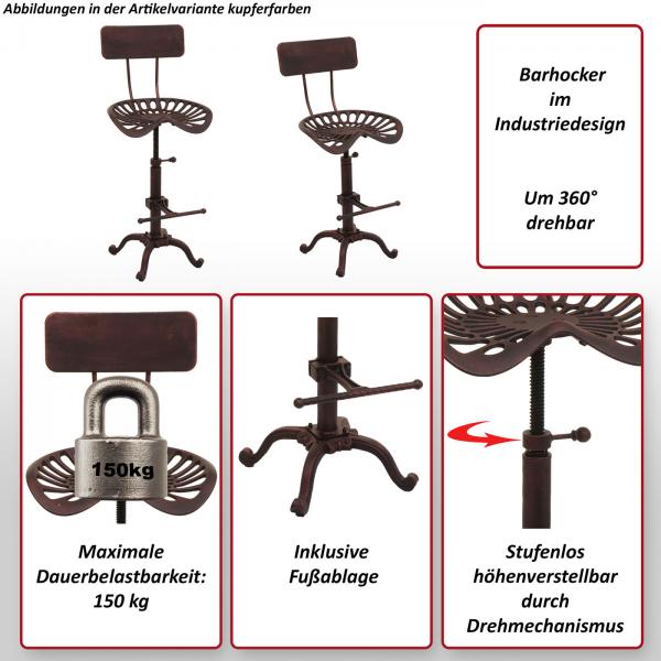 Foto mit wichtigsten Merkmalen des Produktes Barhocker HWC-N26, Barstuhl Tresenhocker, hhenverstellbar drehbar Fuablage Industrial Metall ~ grn