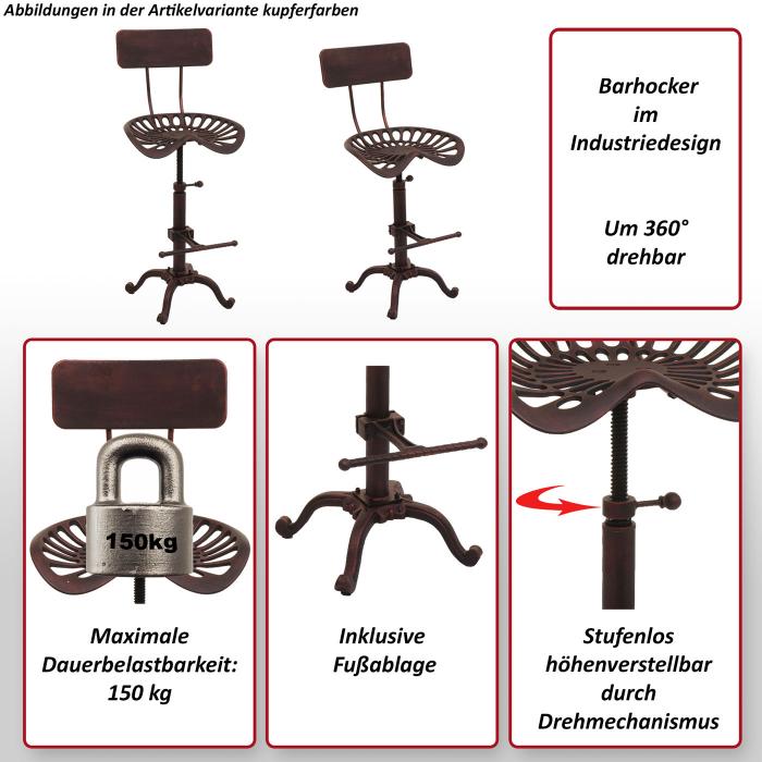 Barhocker HWC-N26, Barstuhl Tresenhocker, hhenverstellbar drehbar Fuablage Industrial Metall ~ grn