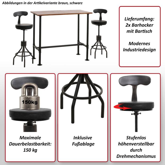 Set Bartisch + 2x Barhocker HWC-N21, hhenverstellbar drehbar Fuablage, Industrial Metall Kunstleder ~ braun, schwarz