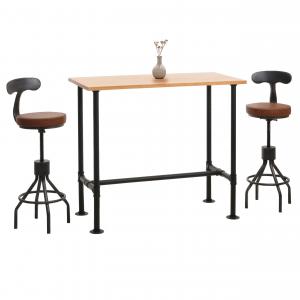 Set Bartisch + 2x Barhocker HWC-N21, hhenverstellbar drehbar Fuablage, Industrial Metall Kunstleder ~ natur, braun