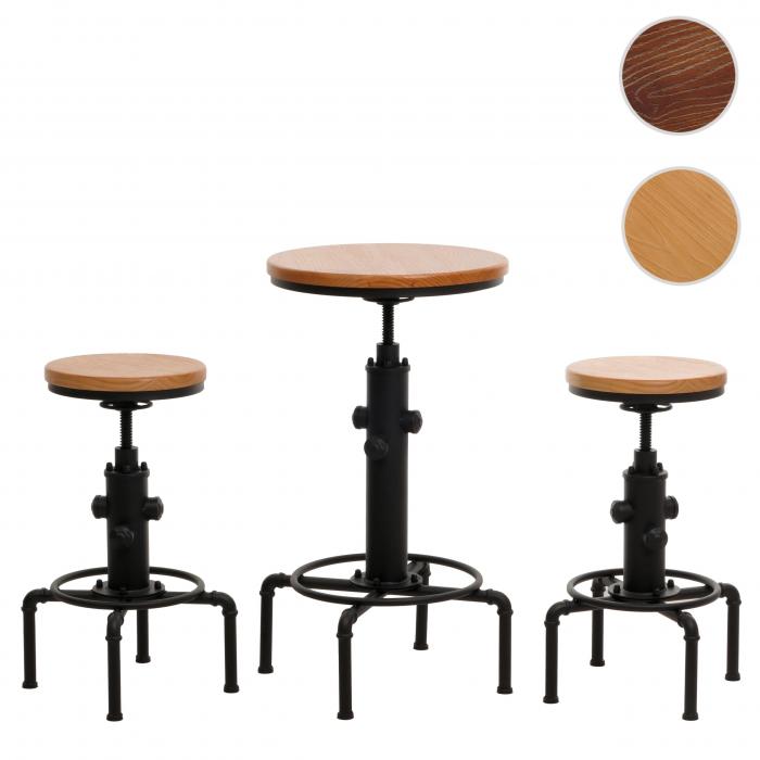 Set Bartisch + 2x Barhocker HWC-N23, Barstuhl Stehtisch hhenverstellbar drehbar Fuablage Industrial Eisen Holz ~ natur