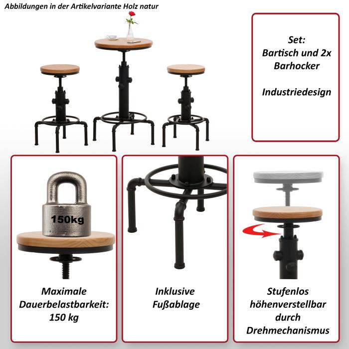 Set Bartisch + 2x Barhocker HWC-N23, Barstuhl Stehtisch hhenverstellbar drehbar Fuablage Industrial Eisen Holz ~ natur
