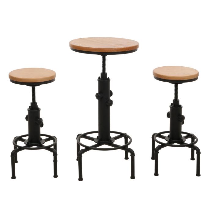 Set Bartisch + 2x Barhocker HWC-N23, Barstuhl Stehtisch hhenverstellbar drehbar Fuablage Industrial Eisen Holz ~ natur