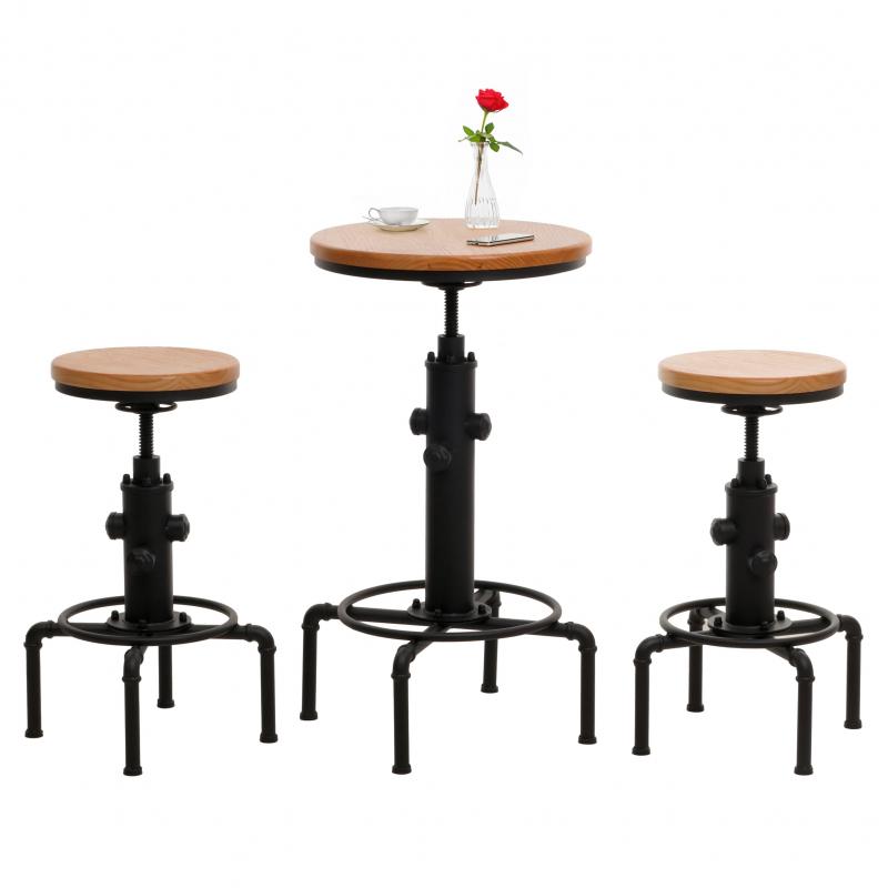 Set Bartisch + 2x Barhocker HWC-N23, Barstuhl Stehtisch hhenverstellbar drehbar Fuablage Industrial Eisen Holz ~ natur