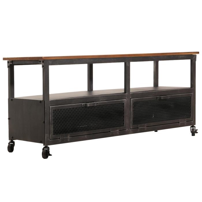 Lowboard HWC-N28, TV-Rack, Rollen 2 Fcher, 3D-Struktur Industrial Retro Metall Holz 55x130x36cm ~ schwarz, braun