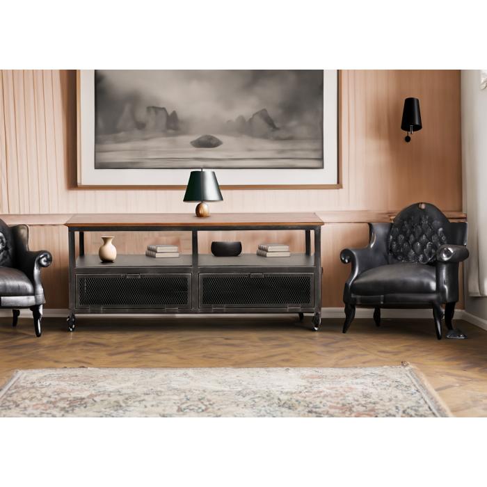 Lowboard HWC-N28, TV-Rack, Rollen 2 Fcher, 3D-Struktur Industrial Retro Metall Holz 55x130x36cm ~ schwarz, natur
