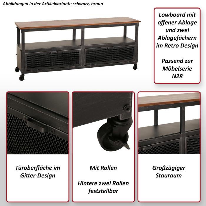 Lowboard HWC-N28, TV-Rack, Rollen 2 Fcher, 3D-Struktur Industrial Retro Metall Holz 55x130x36cm ~ schwarz, natur