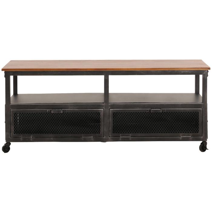 Lowboard HWC-N28, TV-Rack, Rollen 2 Fcher, 3D-Struktur Industrial Retro Metall Holz 55x130x36cm ~ schwarz, braun