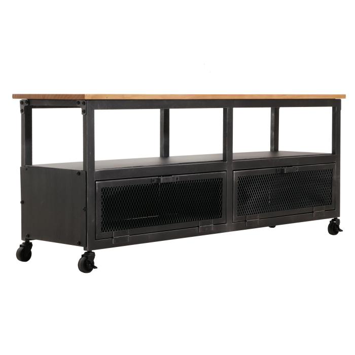 Lowboard HWC-N28, TV-Rack, Rollen 2 Fcher, 3D-Struktur Industrial Retro Metall Holz 55x130x36cm ~ schwarz, natur