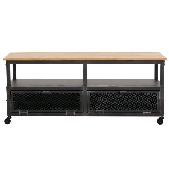 Lowboard HWC-N28, TV-Rack, Rollen 2 Fcher, 3D-Struktur Industrial Retro Metall Holz 55x130x36cm ~ schwarz, natur