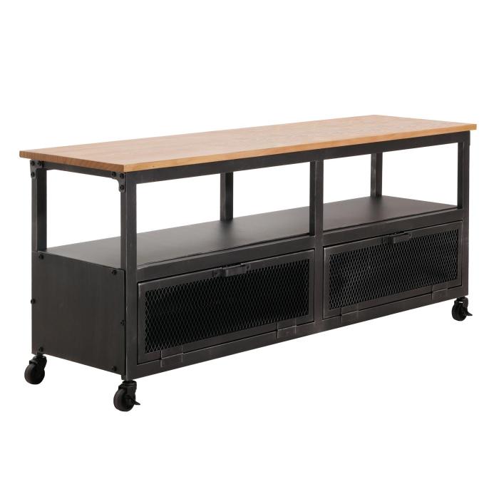 Lowboard HWC-N28, TV-Rack, Rollen 2 Fcher, 3D-Struktur Industrial Retro Metall Holz 55x130x36cm ~ schwarz, natur