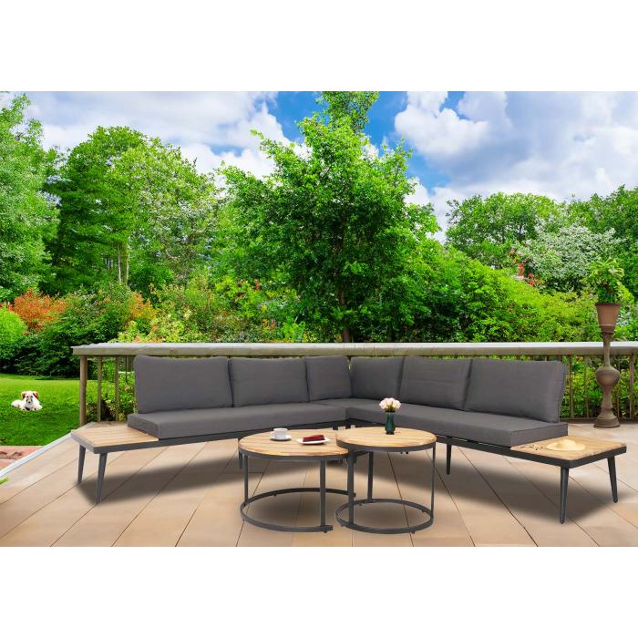 Garten-Garnitur HWC-H54c, Lounge-Set, Beistelltisch Spun Poly Akazie Holz Stahl ~ hellbraun, Kissen dunkelgrau