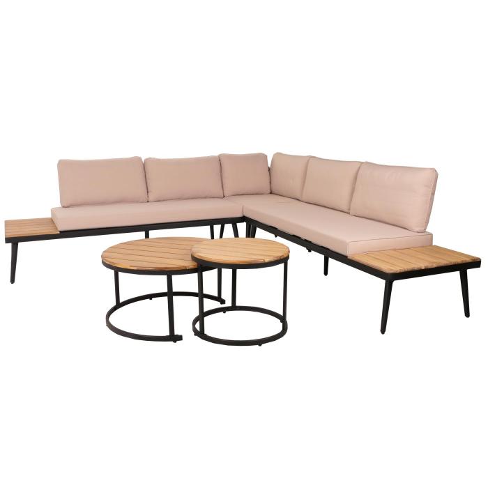 Garten-Garnitur HWC-H54c, Lounge-Set, Beistelltisch Spun Poly Akazie Holz Stahl ~ hellbraun, Kissen beige