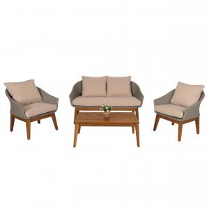 Gartengarnitur HWC-N37, Garten-/Lounge-Set Sofa Sitzgruppe, Poly-Rattan Holz Akazie ~ grau, Kissen beige