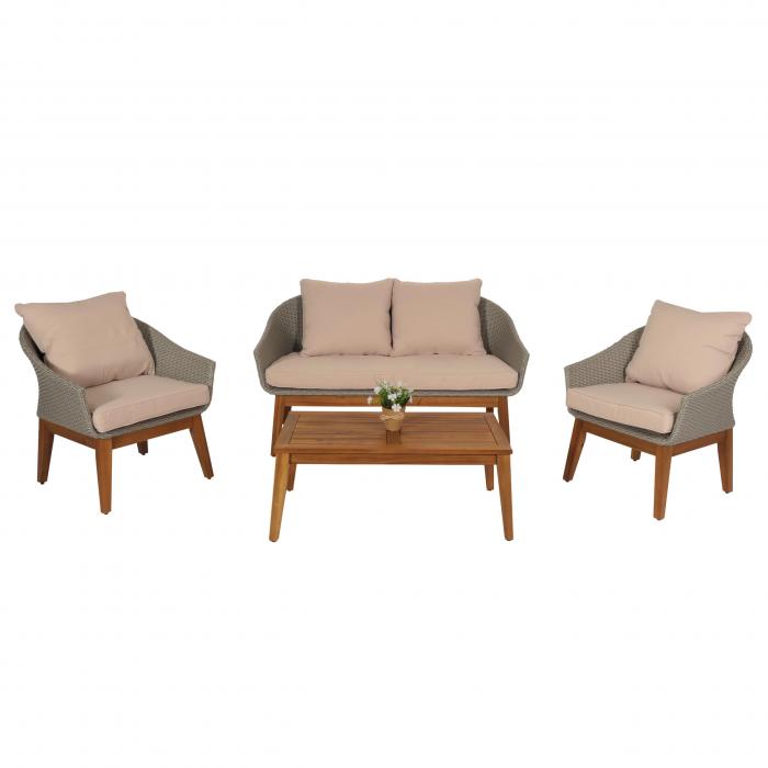 Gartengarnitur HWC-N37, Garten-/Lounge-Set Sofa Sitzgruppe, Poly-Rattan Holz Akazie ~ grau, Kissen beige