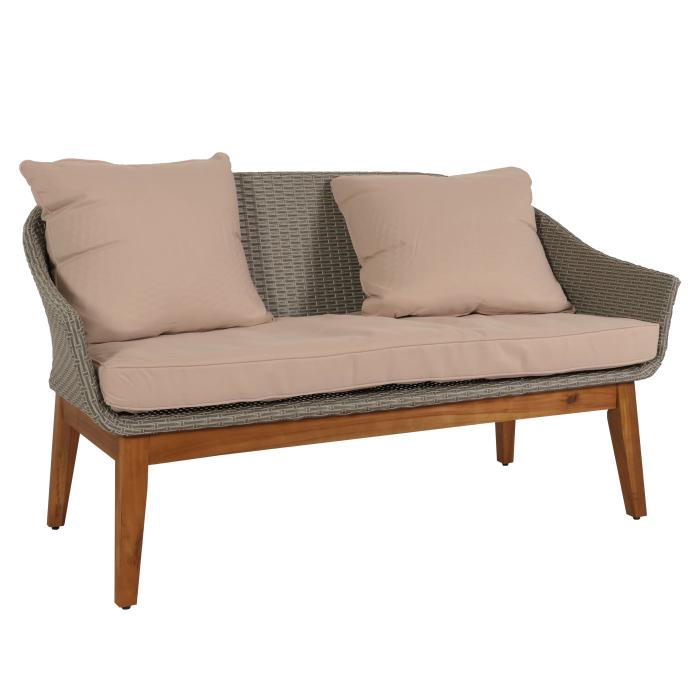 Gartengarnitur HWC-N37, Garten-/Lounge-Set Sofa Sitzgruppe, Poly-Rattan Holz Akazie ~ grau, Kissen beige