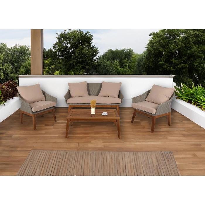 Gartengarnitur HWC-N37, Garten-/Lounge-Set Sofa Sitzgruppe, Poly-Rattan Holz Akazie ~ grau, Kissen beige