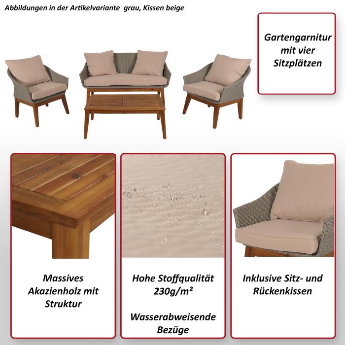 Gartengarnitur HWC-N37, Garten-/Lounge-Set Sofa Sitzgruppe, Poly-Rattan Holz Akazie ~ grau, Kissen hellgrau