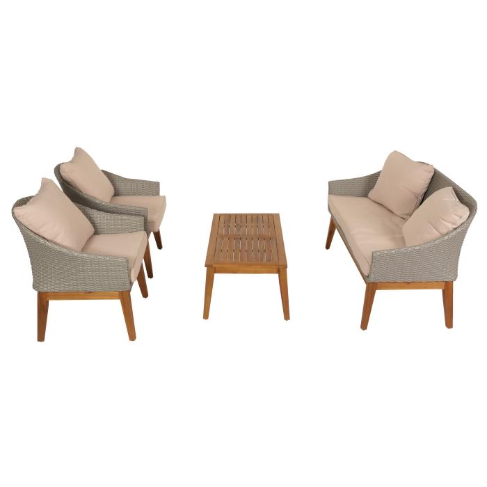 Gartengarnitur HWC-N37, Garten-/Lounge-Set Sofa Sitzgruppe, Poly-Rattan Holz Akazie ~ grau, Kissen beige