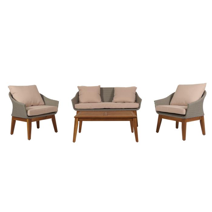 Gartengarnitur HWC-N37, Garten-/Lounge-Set Sofa Sitzgruppe, Poly-Rattan Holz Akazie ~ grau, Kissen beige