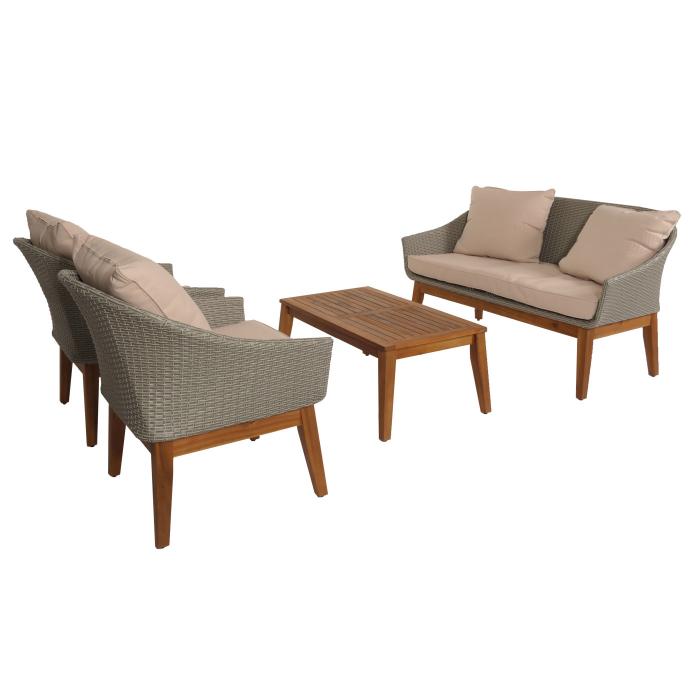 Gartengarnitur HWC-N37, Garten-/Lounge-Set Sofa Sitzgruppe, Poly-Rattan Holz Akazie ~ grau, Kissen beige