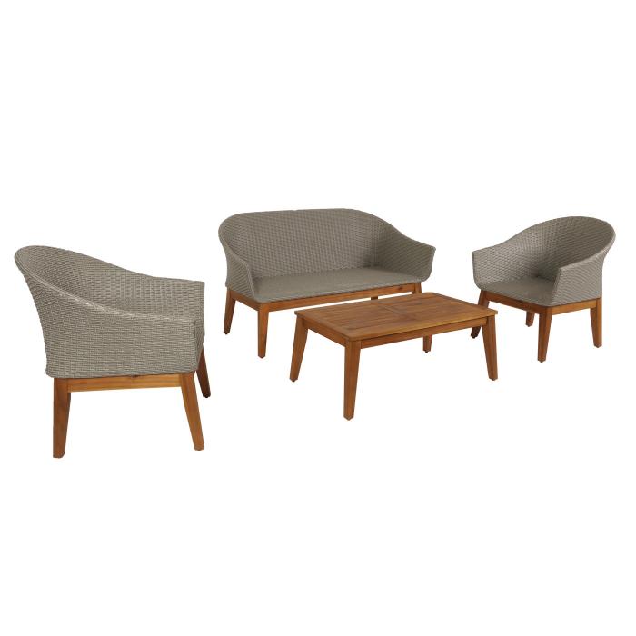 Gartengarnitur HWC-N37, Garten-/Lounge-Set Sofa Sitzgruppe, Poly-Rattan Holz Akazie ~ grau, Kissen beige