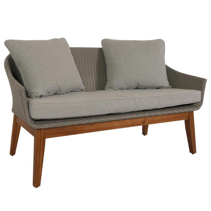 Gartengarnitur HWC-N37, Garten-/Lounge-Set Sofa Sitzgruppe, Poly-Rattan Holz Akazie ~ grau, Kissen hellgrau