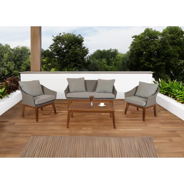 Gartengarnitur HWC-N37, Garten-/Lounge-Set Sofa Sitzgruppe, Poly-Rattan Holz Akazie ~ grau, Kissen hellgrau