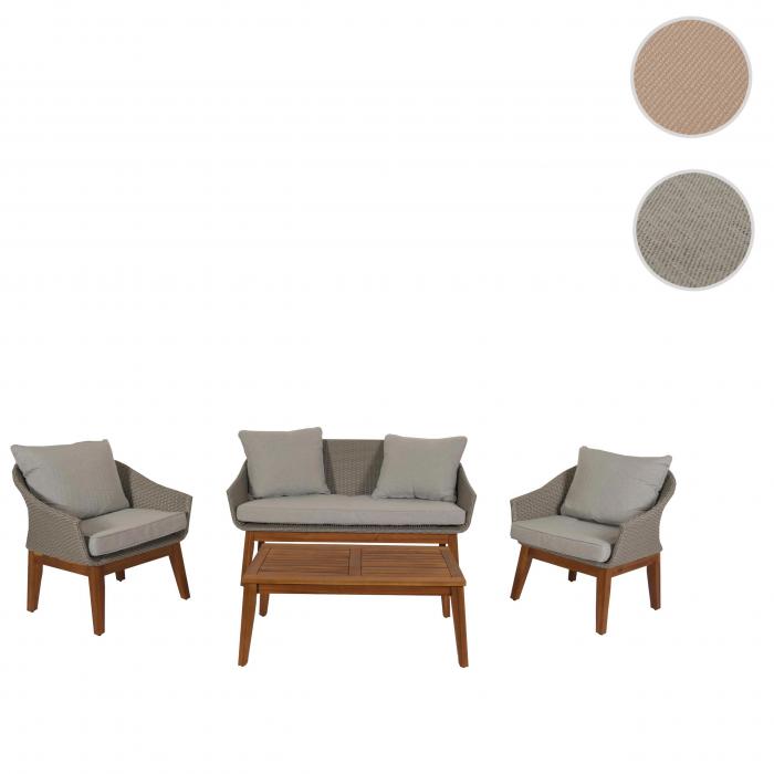 Gartengarnitur HWC-N37, Garten-/Lounge-Set Sofa Sitzgruppe, Poly-Rattan Holz Akazie ~ grau, Kissen hellgrau