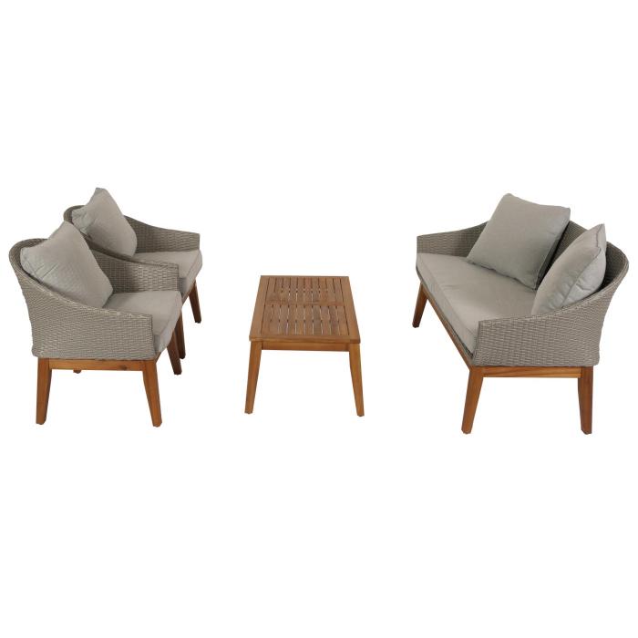 Gartengarnitur HWC-N37, Garten-/Lounge-Set Sofa Sitzgruppe, Poly-Rattan Holz Akazie ~ grau, Kissen hellgrau