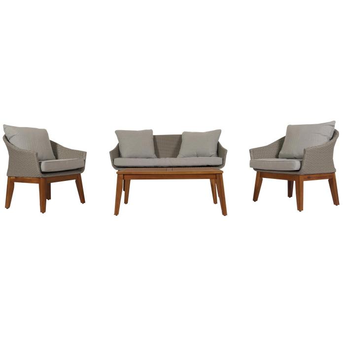 Gartengarnitur HWC-N37, Garten-/Lounge-Set Sofa Sitzgruppe, Poly-Rattan Holz Akazie ~ grau, Kissen hellgrau