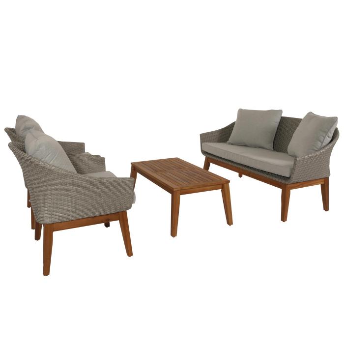 Gartengarnitur HWC-N37, Garten-/Lounge-Set Sofa Sitzgruppe, Poly-Rattan Holz Akazie ~ grau, Kissen hellgrau