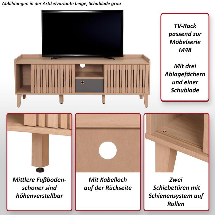 TV-Rack HWC-M48, Lowboard TV-Schrank, Schiebetr Mango-Massivholz 56x150x40cm ~ beige, Schublade grau