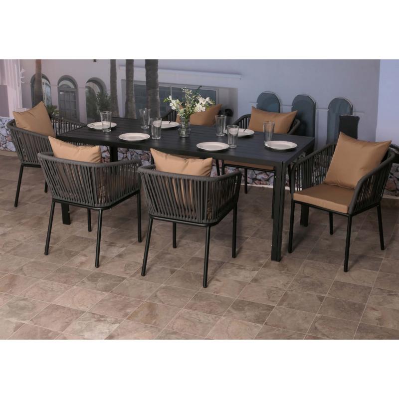 Gartengarnitur HWC-N41, Tisch+6xStuhl, wetterfest Alu 180x80cm, Seilgeflecht Rope ~ anthrazit Kissen taupe