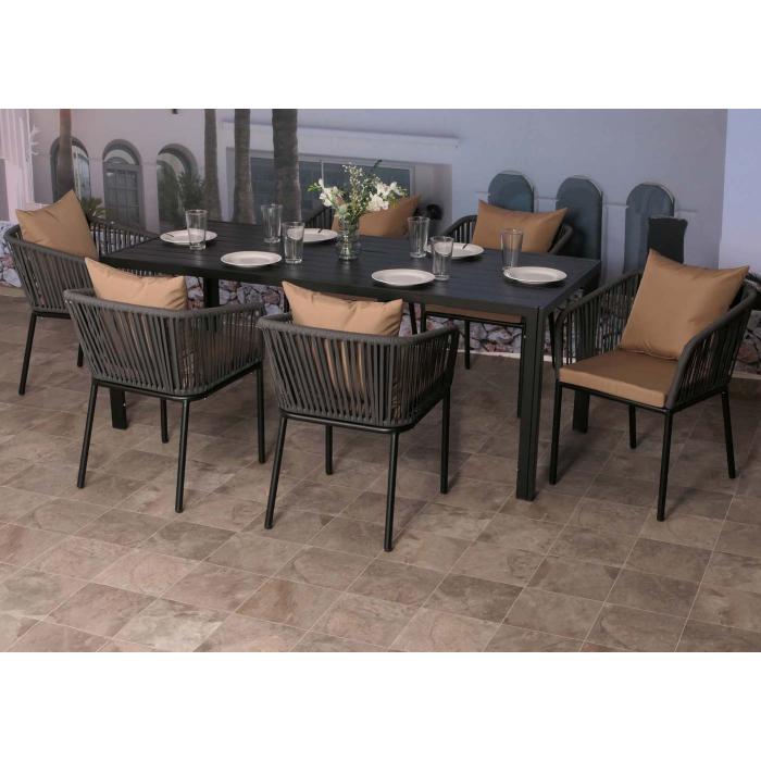 Gartengarnitur HWC-N41, Tisch+6xStuhl, wetterfest Alu 180x80cm, Seilgeflecht Rope ~ anthrazit Kissen taupe