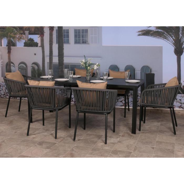 2er-Set Gartenstuhl HWC-N41, Outdoor Armlehne, wetterfest Aluminium Seilgeflecht Rope ~ anthrazit Kissen taupe