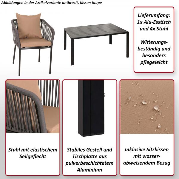 Foto mit wichtigsten Merkmalen des Produktes Gartengarnitur HWC-N41, Tisch+4xStuhl, wetterfest Alu 140x80cm, Seilgeflecht Rope ~ anthrazit, Kissen dunkelgrau