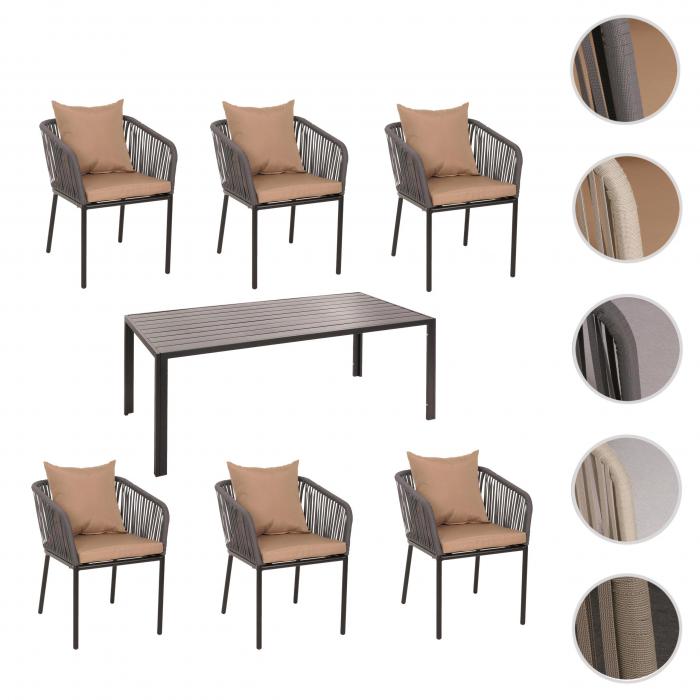 Gartengarnitur HWC-N41, Tisch+6xStuhl, wetterfest Alu 180x80cm, Seilgeflecht Rope ~ anthrazit Kissen taupe
