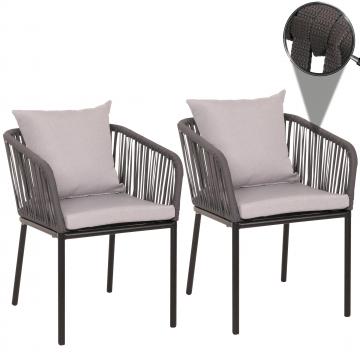 2er-Set Gartenstuhl HWC-N41, Outdoor Armlehne, wetterfest Aluminium Seilgeflecht Rope ~ anthrazit Kissen grau