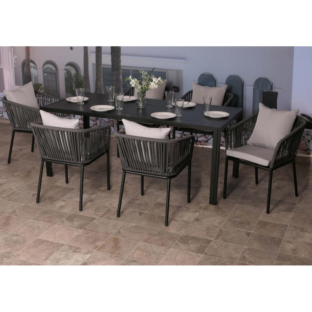Gartengarnitur HWC-N41, Tisch+6xStuhl, wetterfest Alu 180x80cm, Seilgeflecht Rope ~ anthrazit Kissen grau