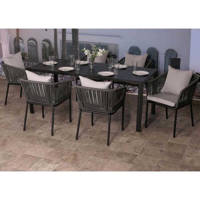 Gartengarnitur HWC-N41, Tisch+6xStuhl, wetterfest Alu 180x80cm, Seilgeflecht Rope ~ anthrazit Kissen grau